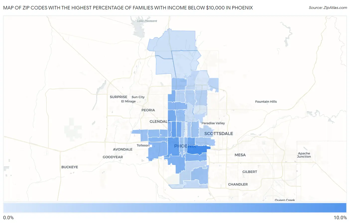 Zip Codes with the Highest Percentage of Families with Income Below $10,000 in Phoenix Map