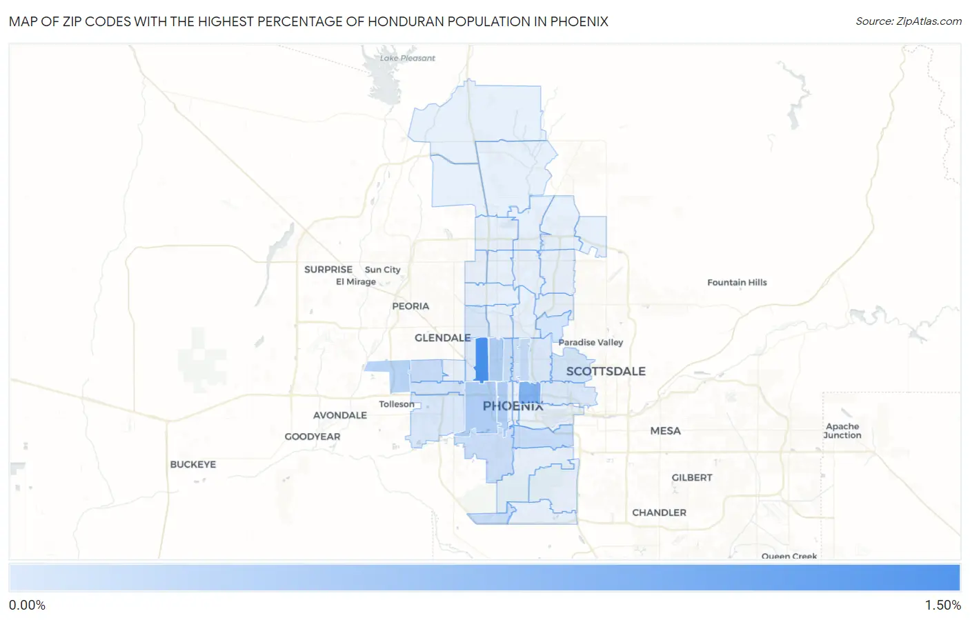 Zip Codes with the Highest Percentage of Honduran Population in Phoenix Map