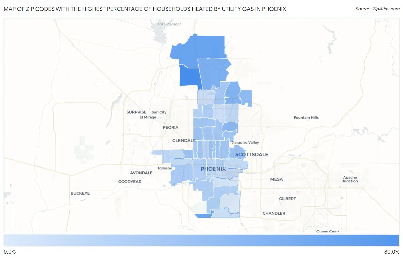 Zip Codes with the Highest Percentage of Households Heated by Utility Gas in Phoenix Map