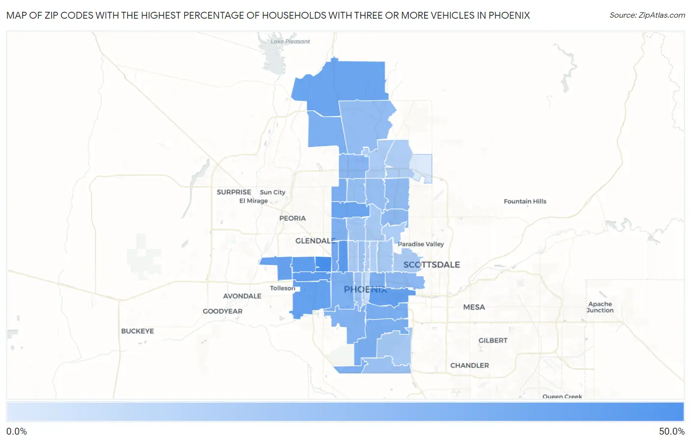 Zip Codes with the Highest Percentage of Households With Three or more Vehicles in Phoenix Map