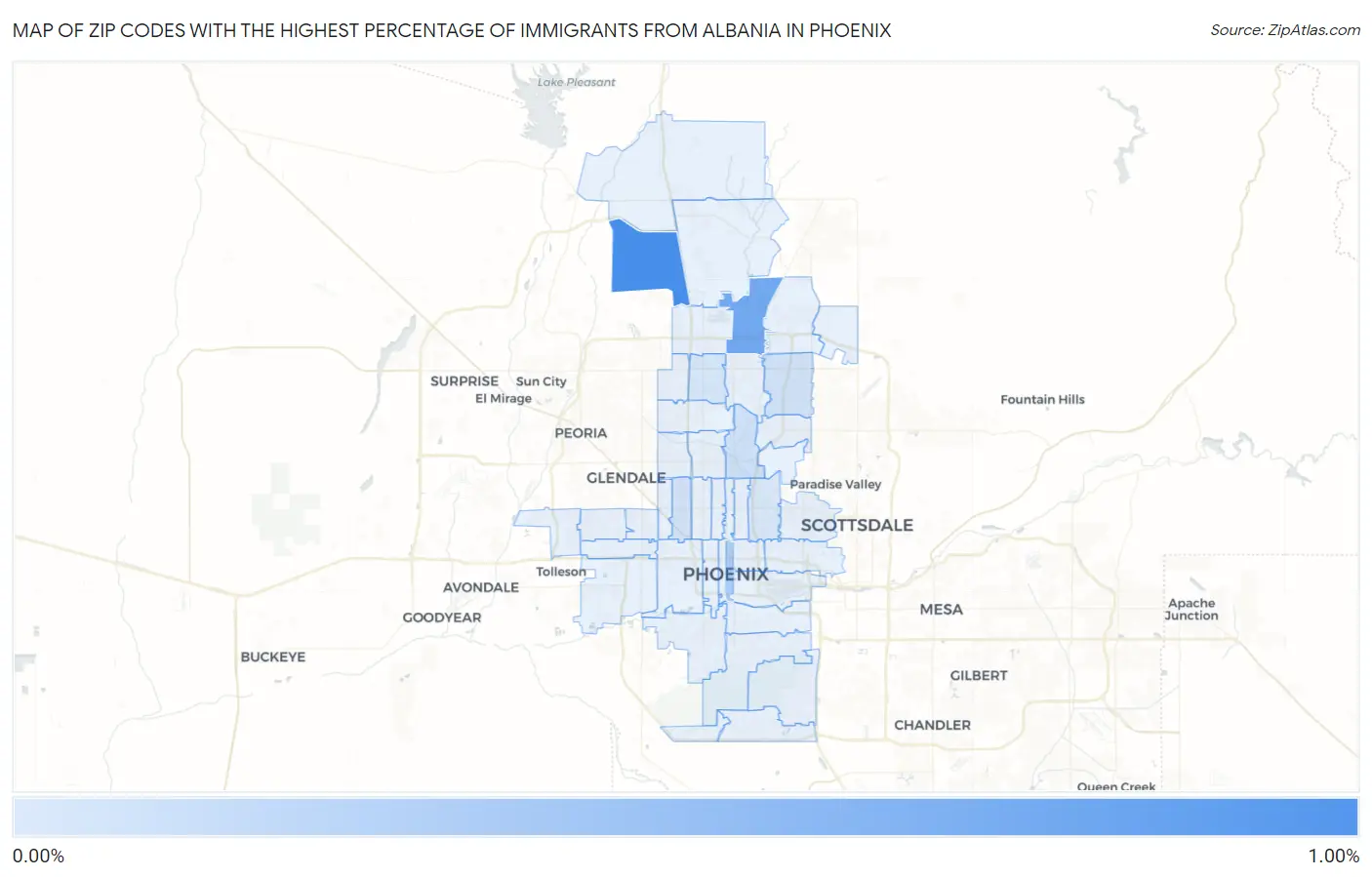 Zip Codes with the Highest Percentage of Immigrants from Albania in Phoenix Map