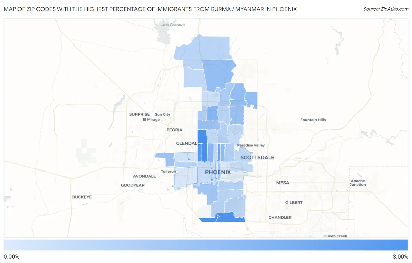 Zip Codes with the Highest Percentage of Immigrants from Burma / Myanmar in Phoenix Map