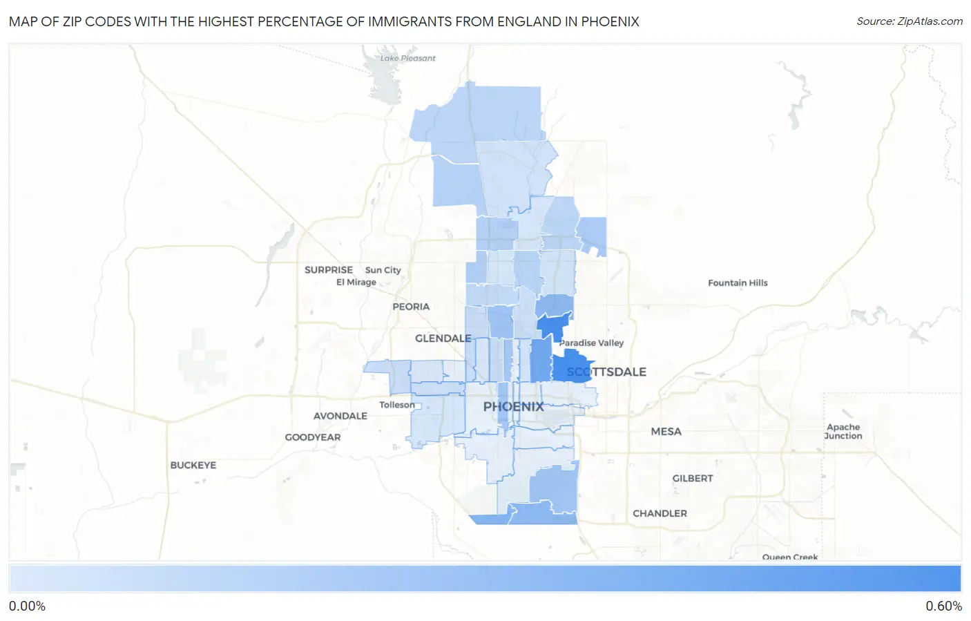 Zip Codes with the Highest Percentage of Immigrants from England in Phoenix Map