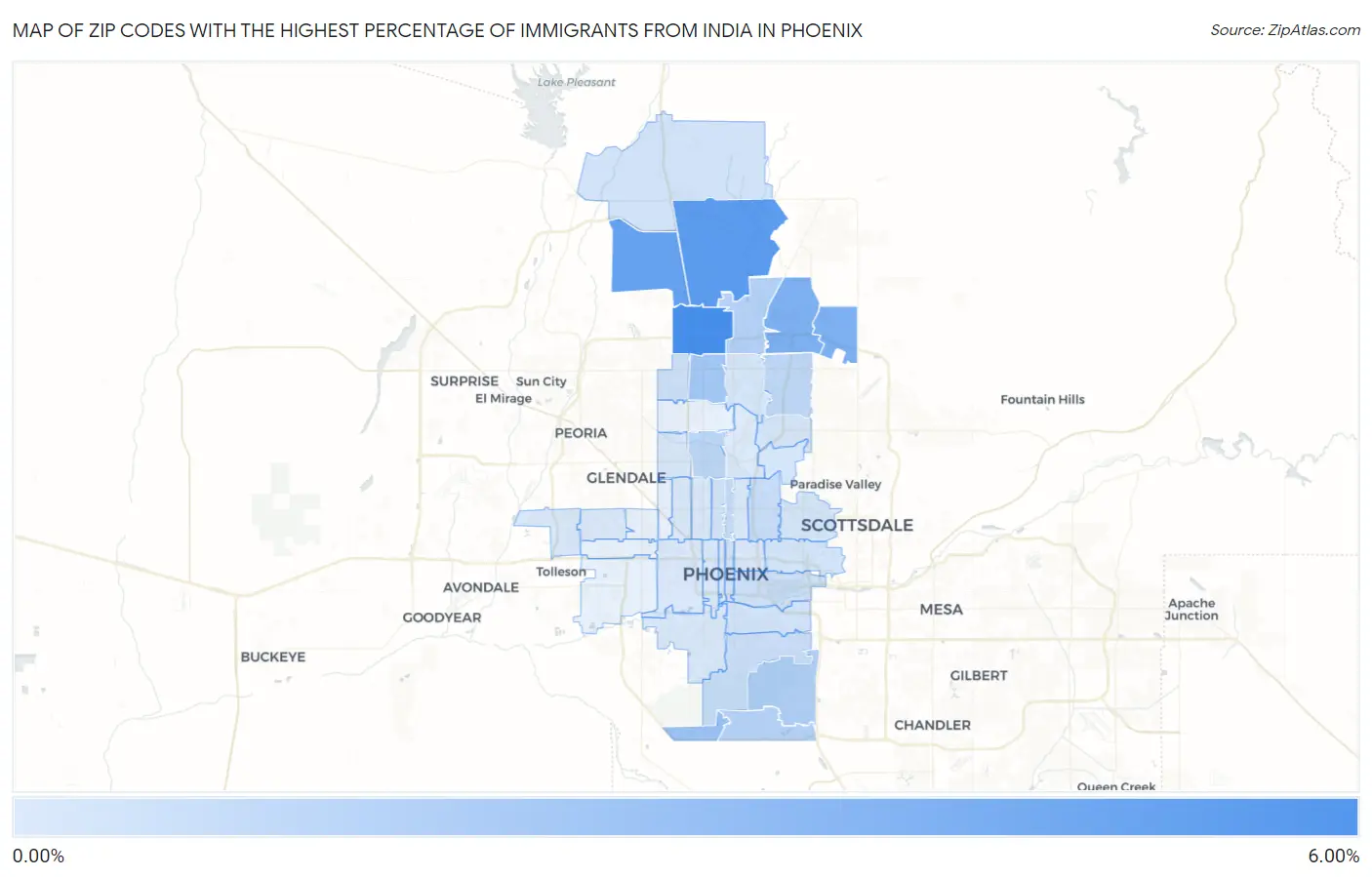 Zip Codes with the Highest Percentage of Immigrants from India in Phoenix Map