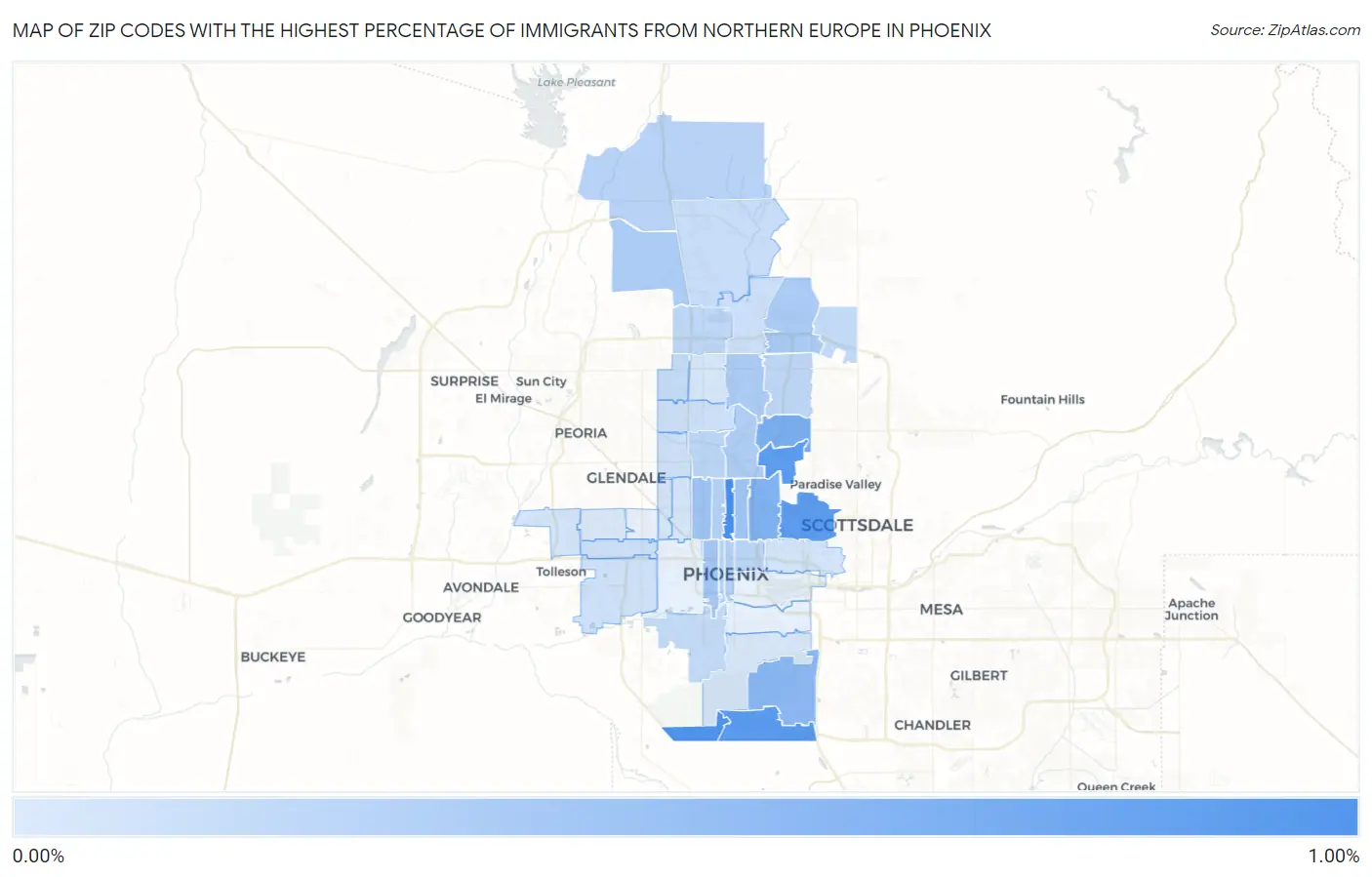 Zip Codes with the Highest Percentage of Immigrants from Northern Europe in Phoenix Map