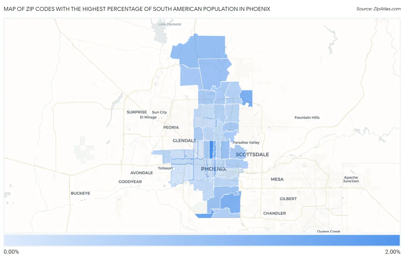 Zip Codes with the Highest Percentage of South American Population in Phoenix Map