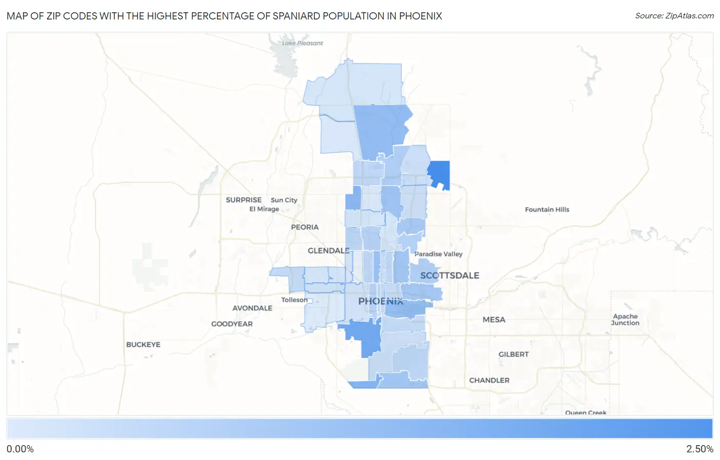 Zip Codes with the Highest Percentage of Spaniard Population in Phoenix Map