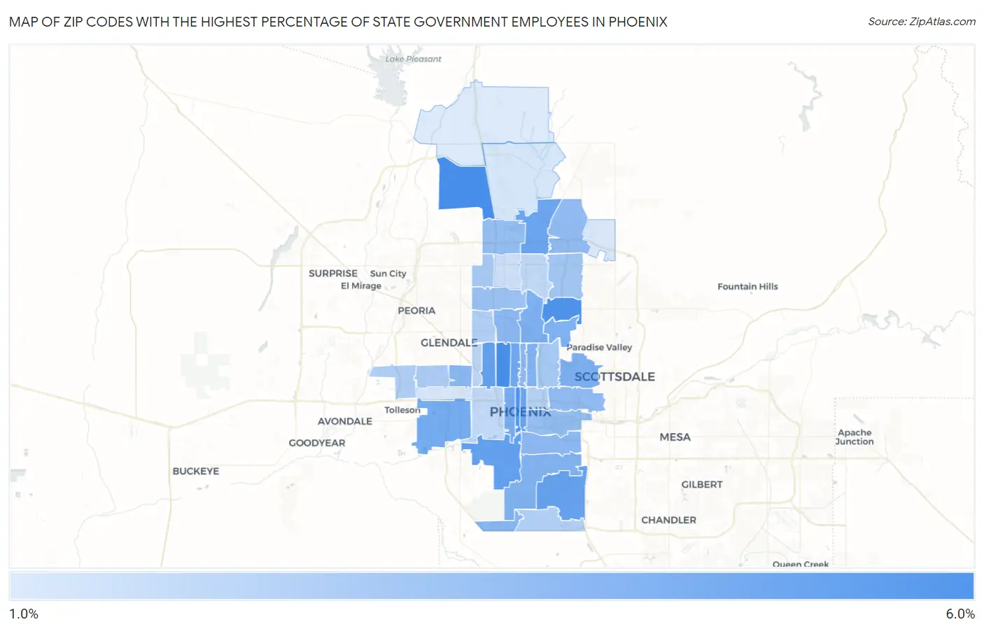 Zip Codes with the Highest Percentage of State Government Employees in Phoenix Map