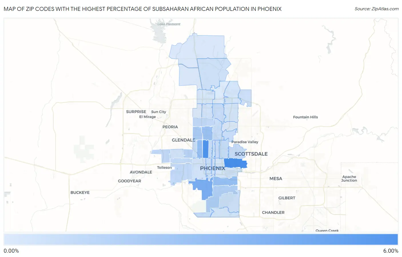 Zip Codes with the Highest Percentage of Subsaharan African Population in Phoenix Map