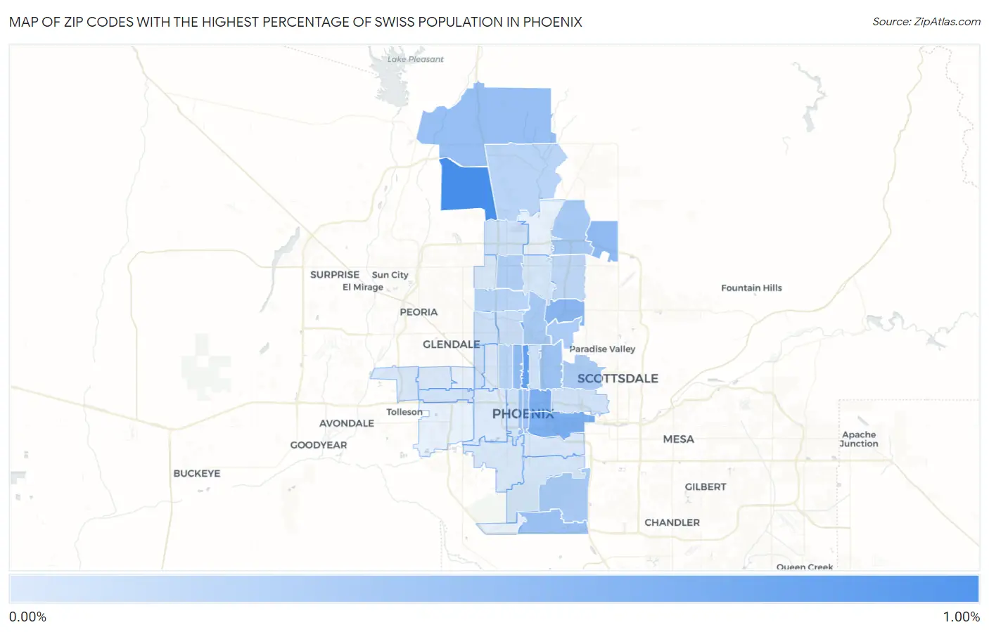 Zip Codes with the Highest Percentage of Swiss Population in Phoenix Map