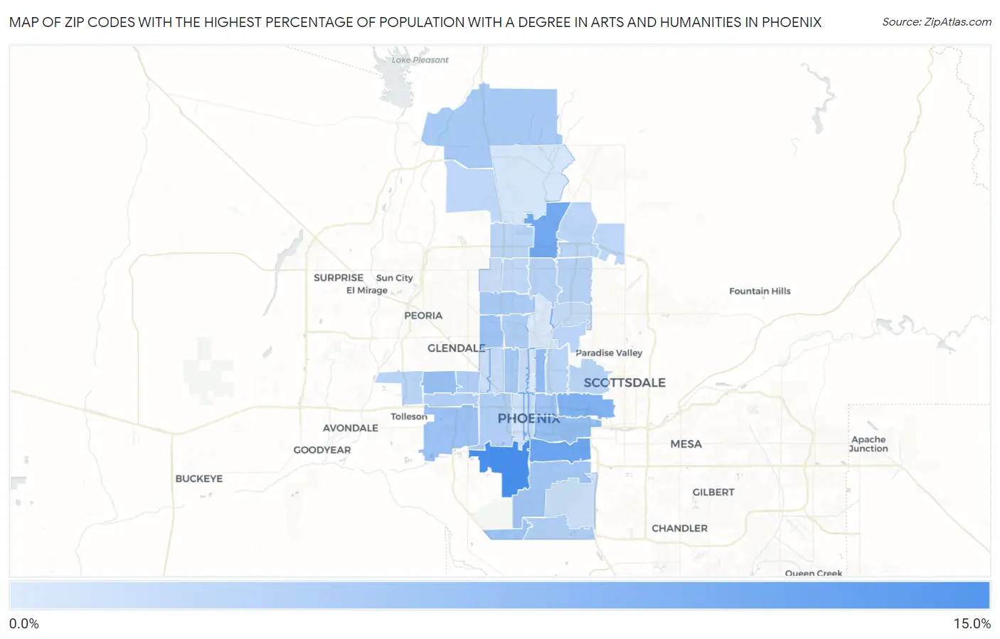 Zip Codes with the Highest Percentage of Population with a Degree in Arts and Humanities in Phoenix Map