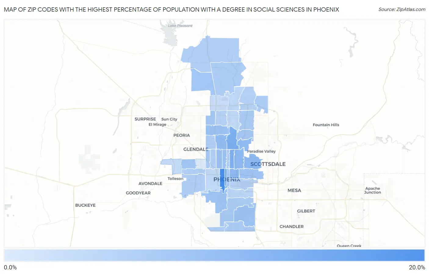 Zip Codes with the Highest Percentage of Population with a Degree in Social Sciences in Phoenix Map
