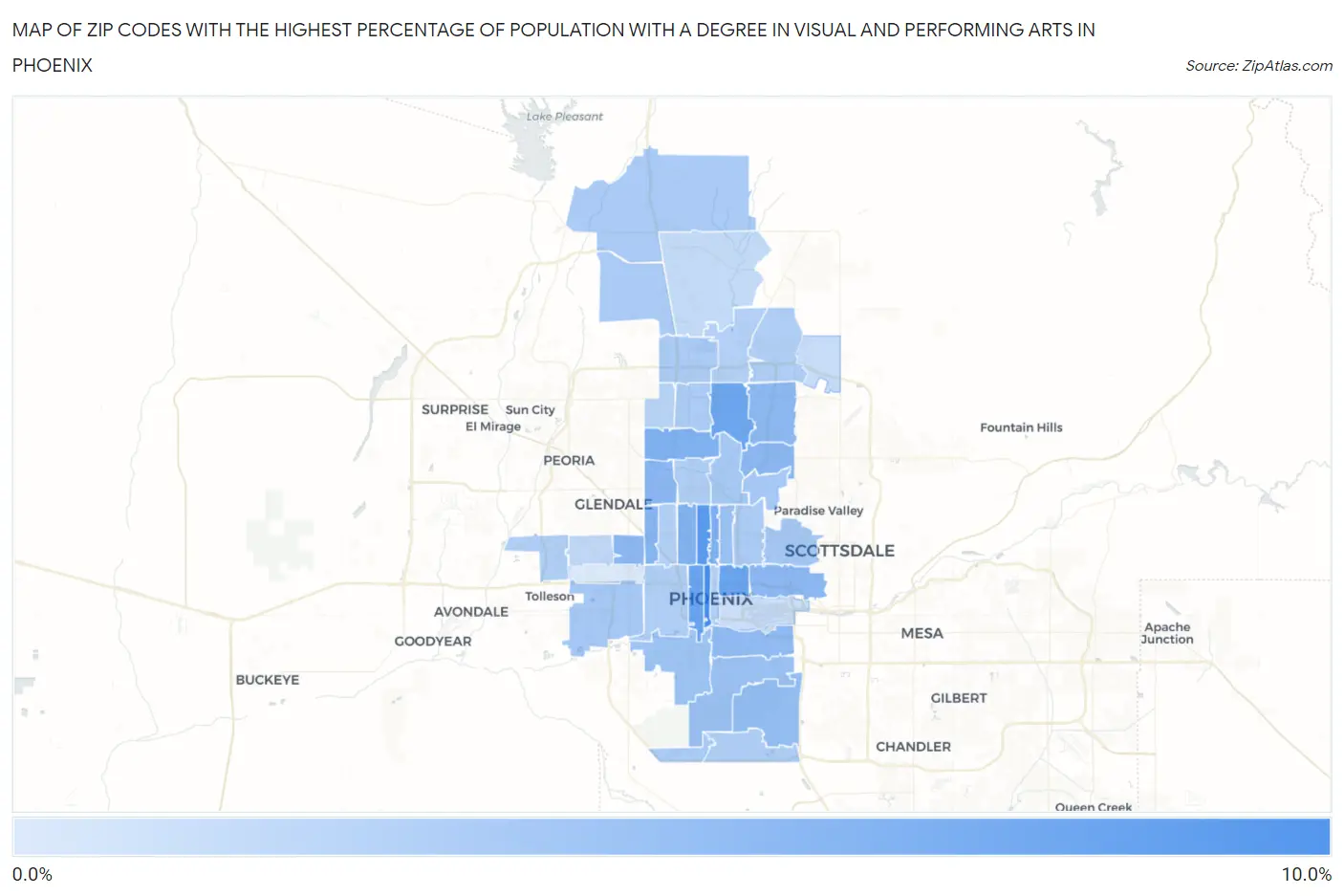 Zip Codes with the Highest Percentage of Population with a Degree in Visual and Performing Arts in Phoenix Map