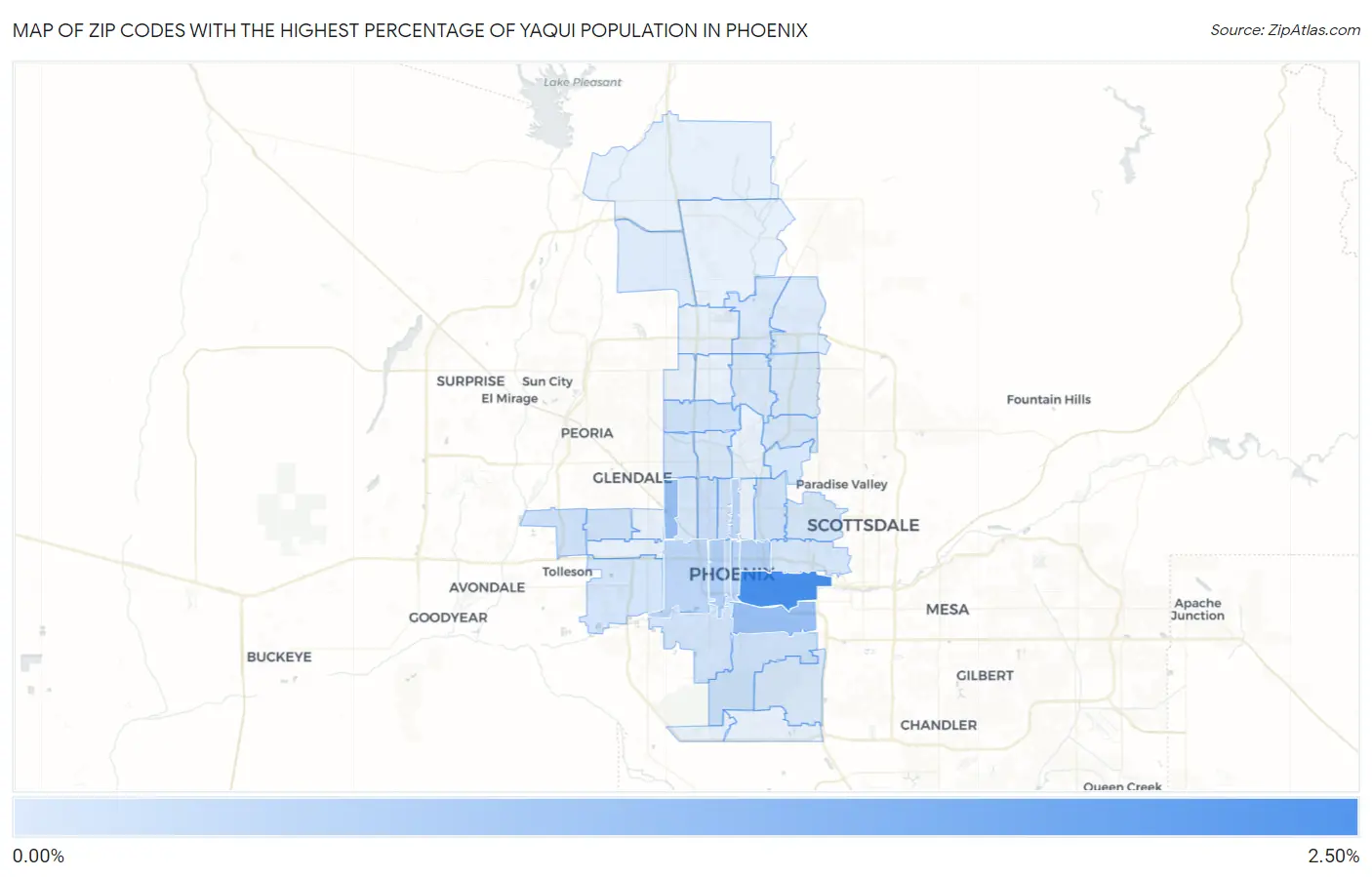 Zip Codes with the Highest Percentage of Yaqui Population in Phoenix Map