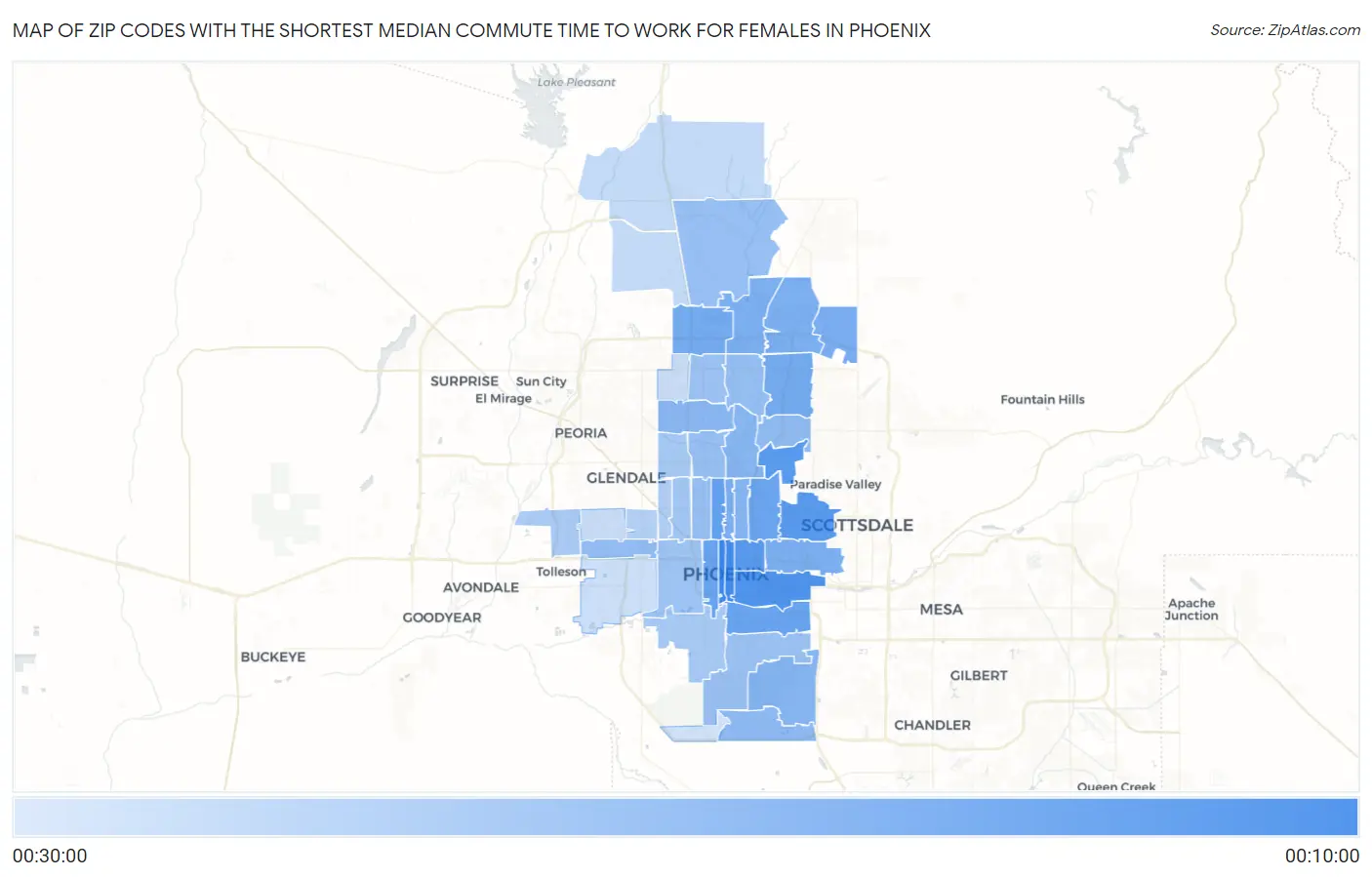 Zip Codes with the Shortest Median Commute Time to Work for Females in Phoenix Map