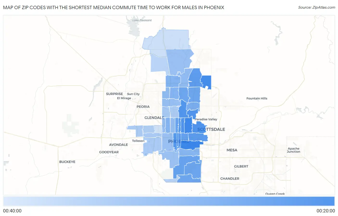 Zip Codes with the Shortest Median Commute Time to Work for Males in Phoenix Map