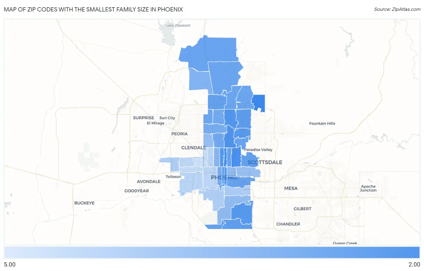 Zip Codes with the Smallest Family Size in Phoenix Map