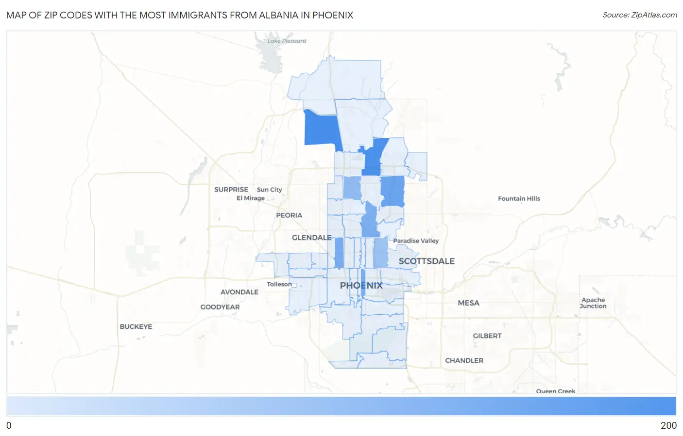 Zip Codes with the Most Immigrants from Albania in Phoenix Map