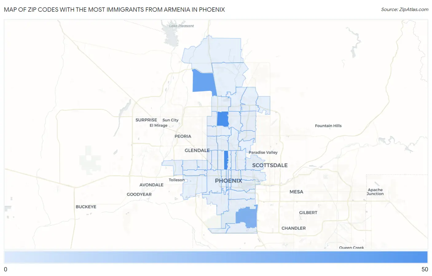 Zip Codes with the Most Immigrants from Armenia in Phoenix Map