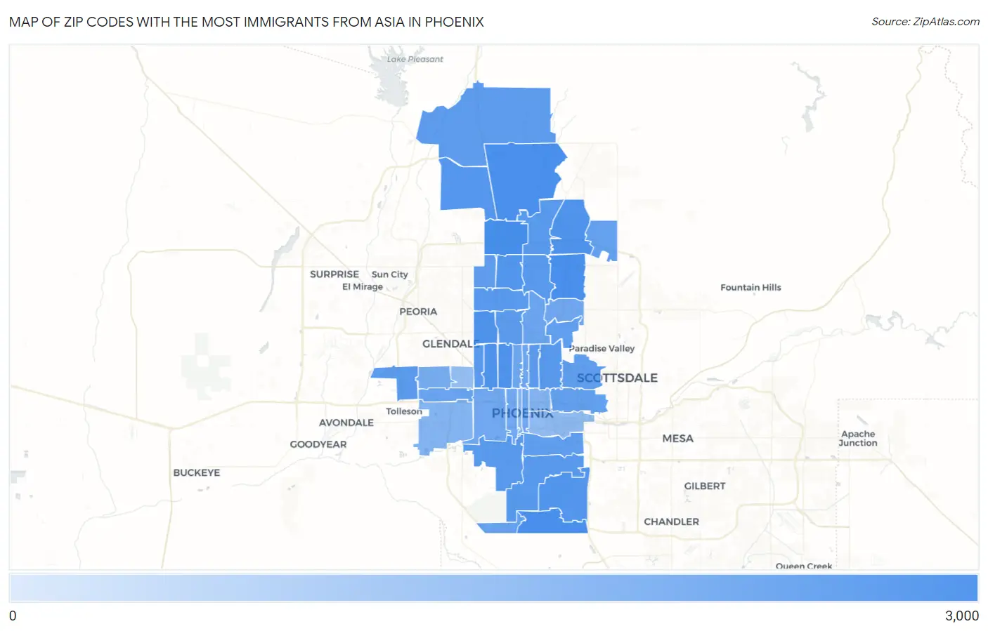 Zip Codes with the Most Immigrants from Asia in Phoenix Map