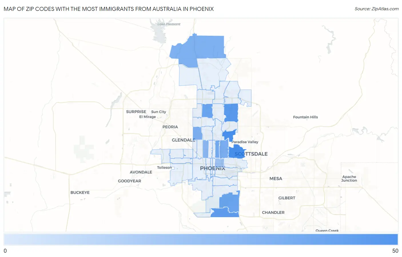 Zip Codes with the Most Immigrants from Australia in Phoenix Map