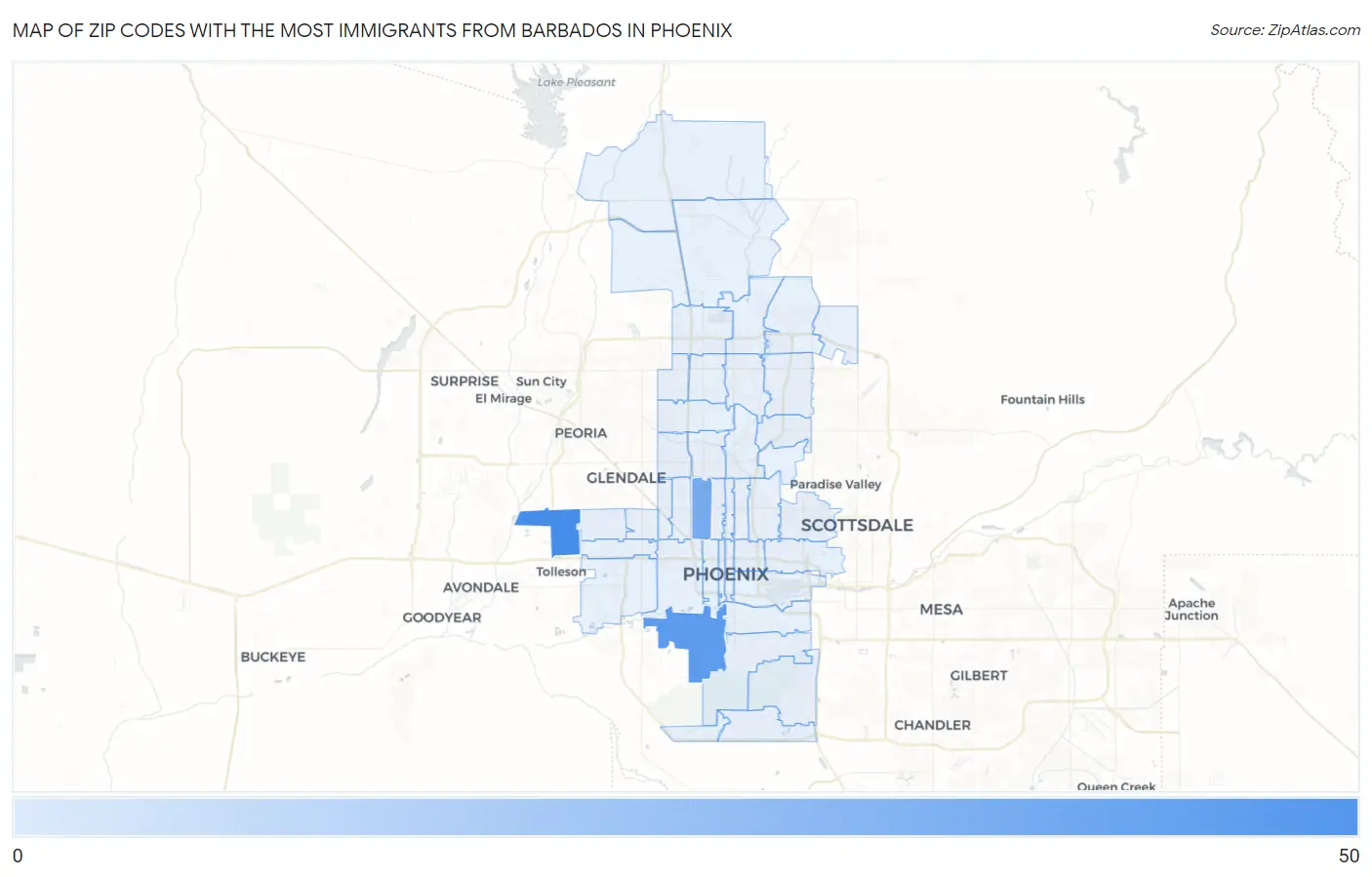 Zip Codes with the Most Immigrants from Barbados in Phoenix Map