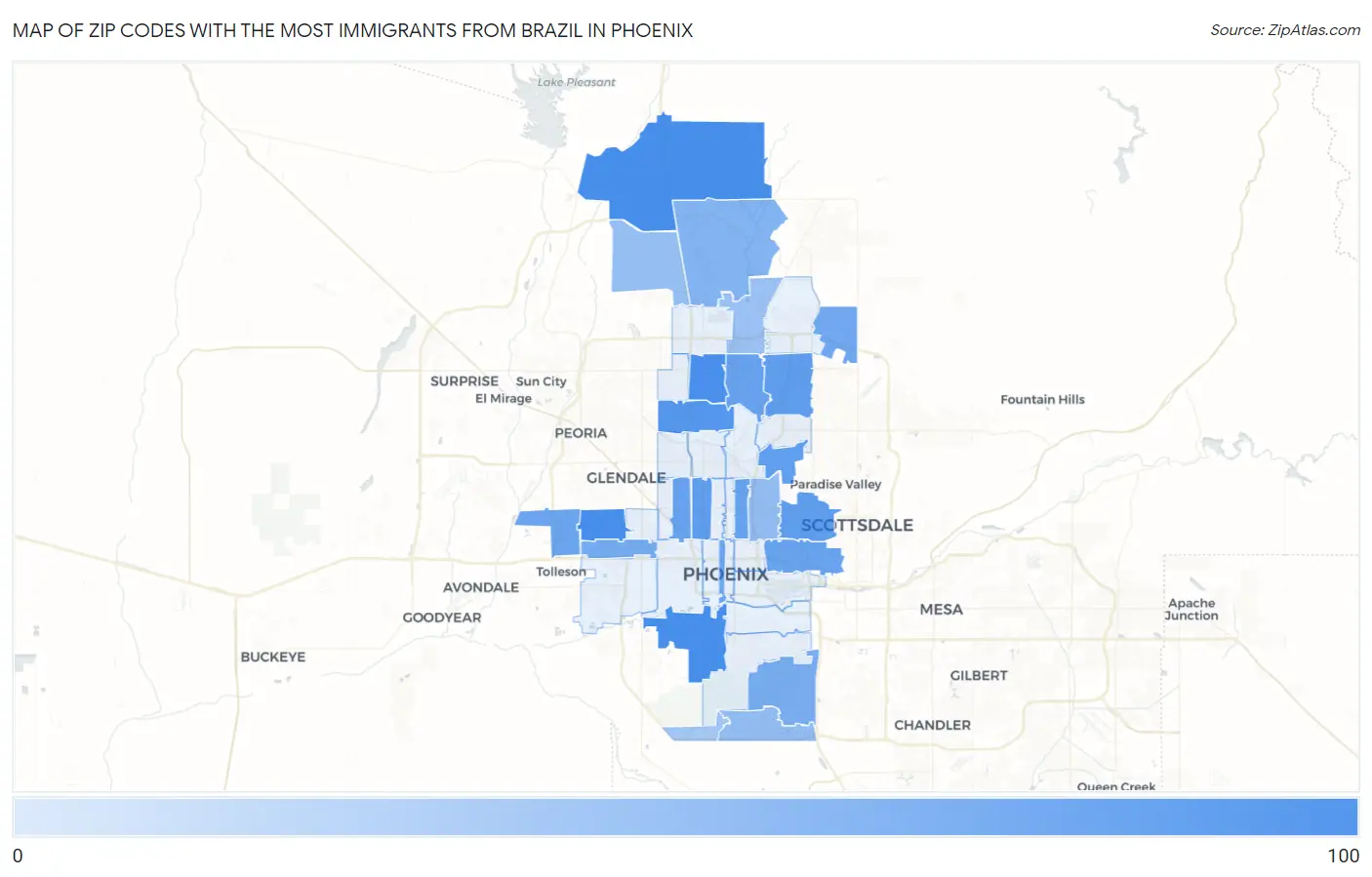Zip Codes with the Most Immigrants from Brazil in Phoenix Map