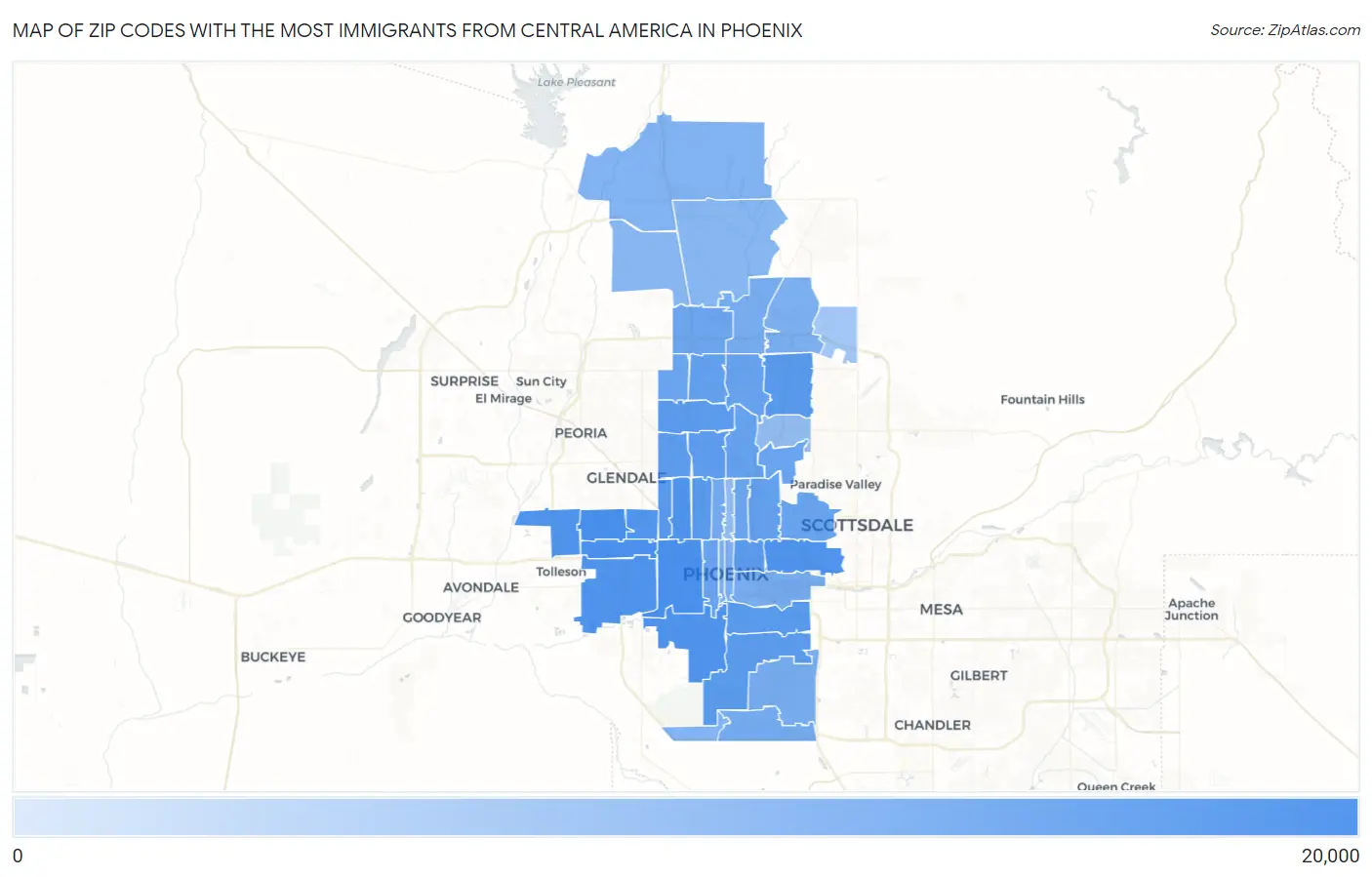 Zip Codes with the Most Immigrants from Central America in Phoenix Map