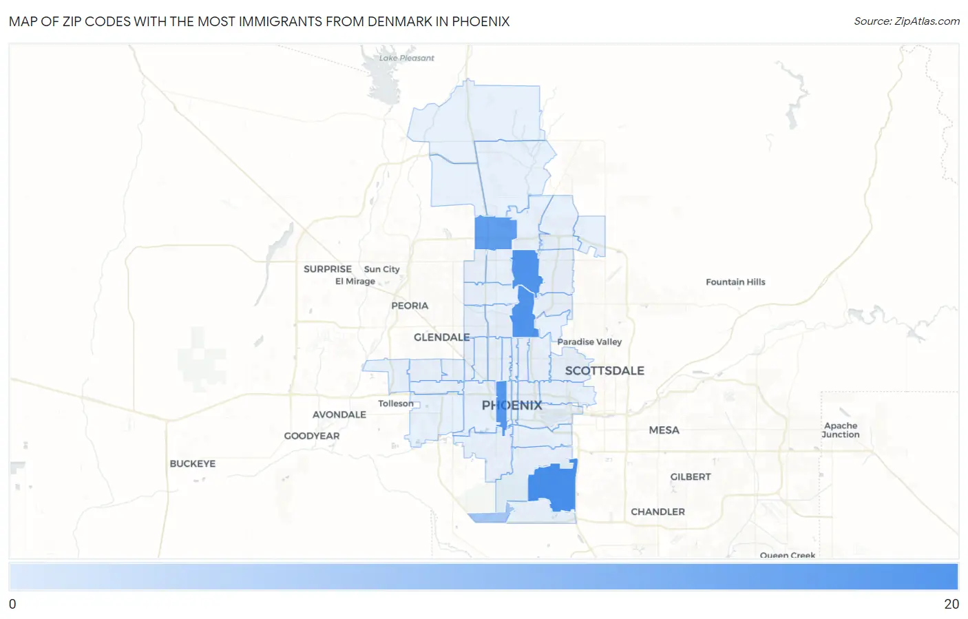 Zip Codes with the Most Immigrants from Denmark in Phoenix Map