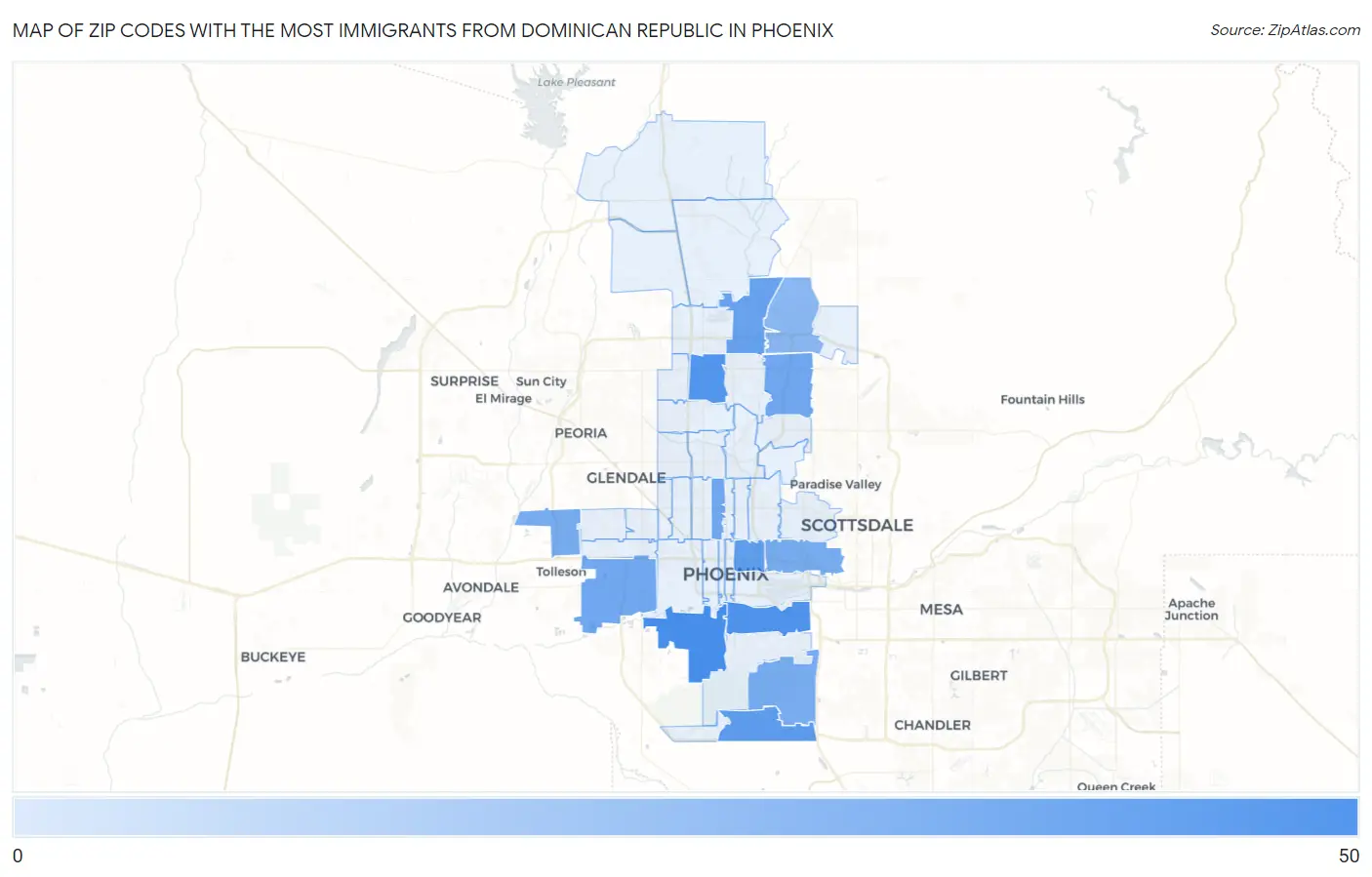 Zip Codes with the Most Immigrants from Dominican Republic in Phoenix Map