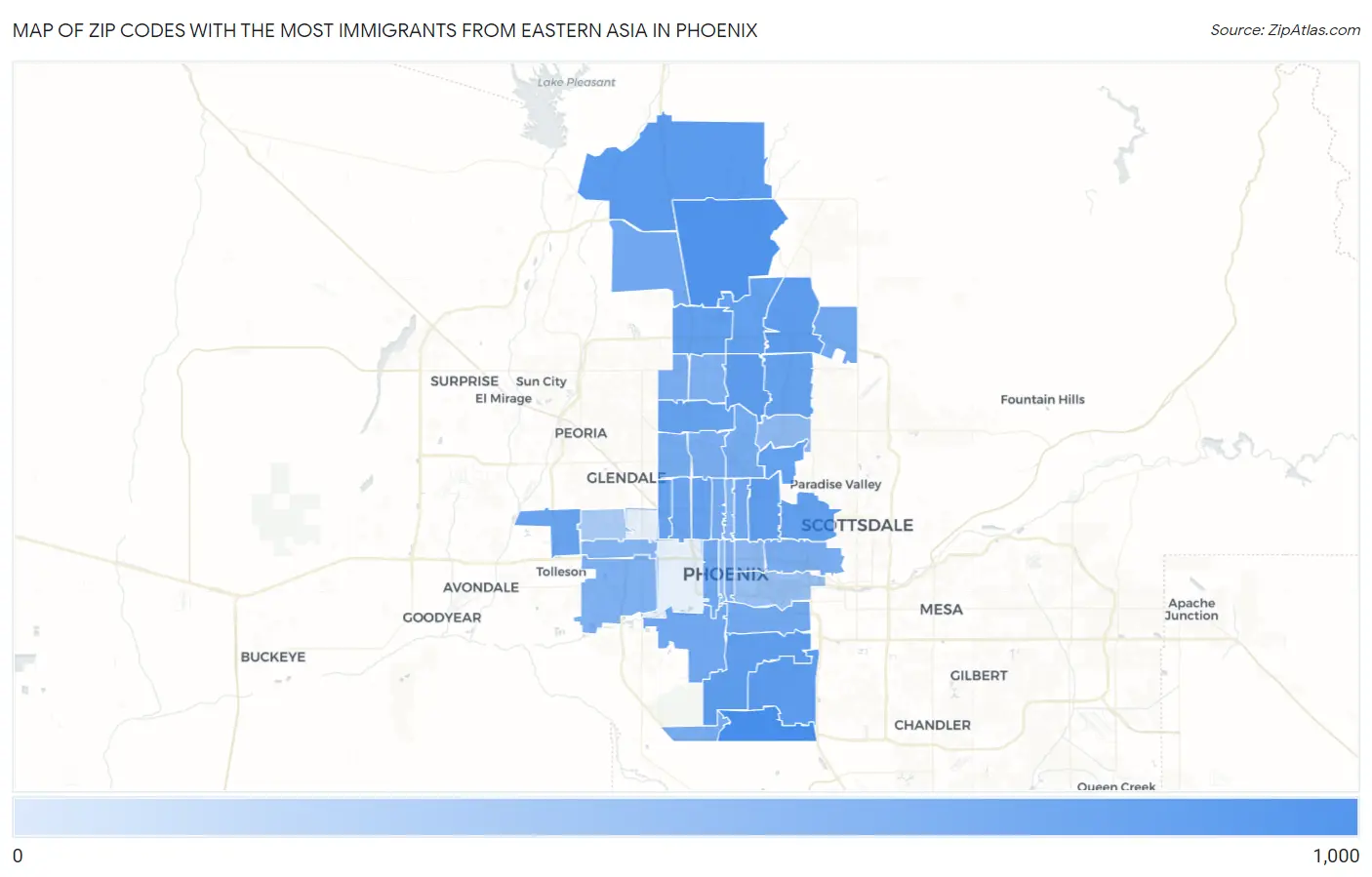 Zip Codes with the Most Immigrants from Eastern Asia in Phoenix Map