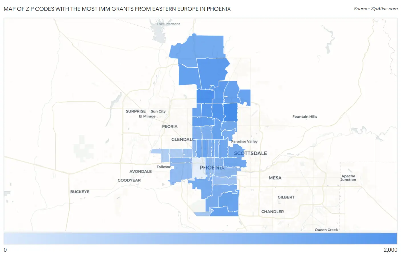 Zip Codes with the Most Immigrants from Eastern Europe in Phoenix Map