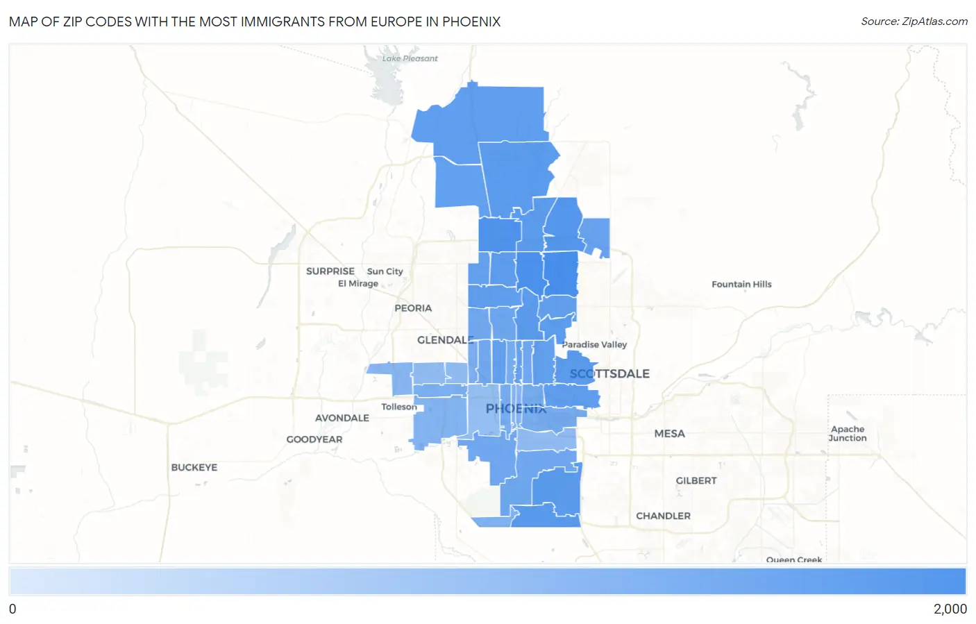 Zip Codes with the Most Immigrants from Europe in Phoenix Map