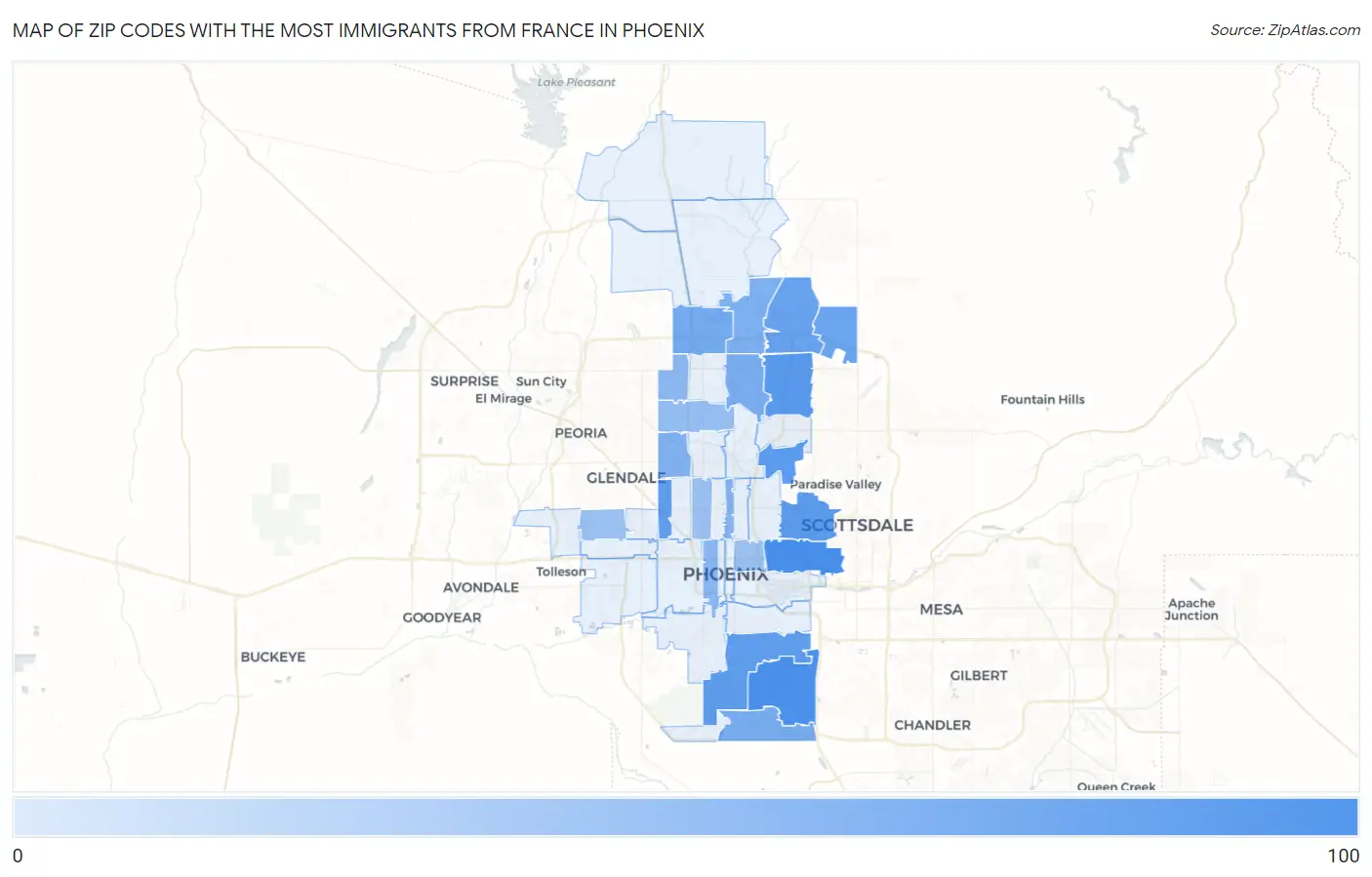 Zip Codes with the Most Immigrants from France in Phoenix Map