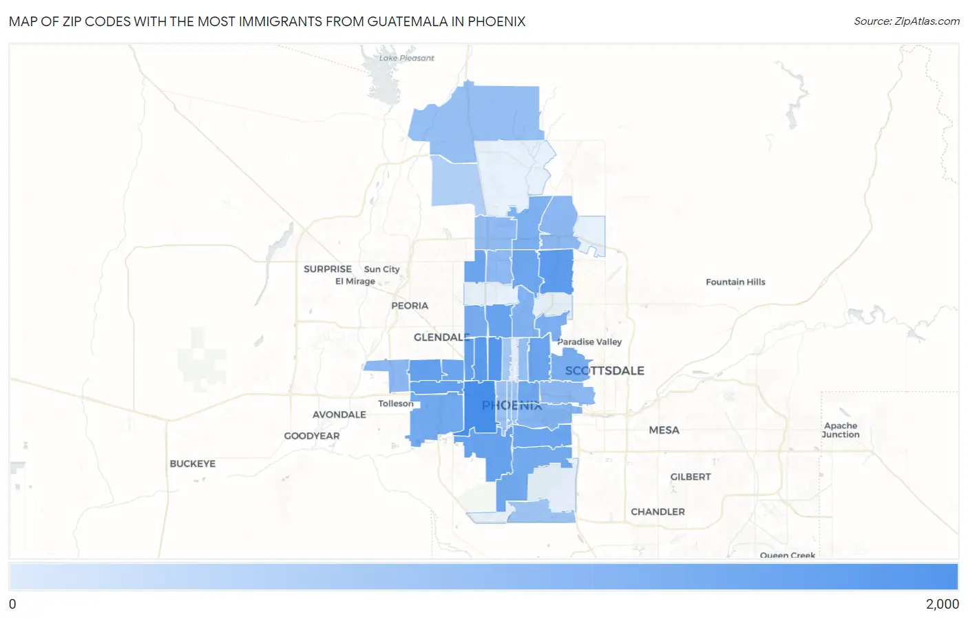 Zip Codes with the Most Immigrants from Guatemala in Phoenix Map