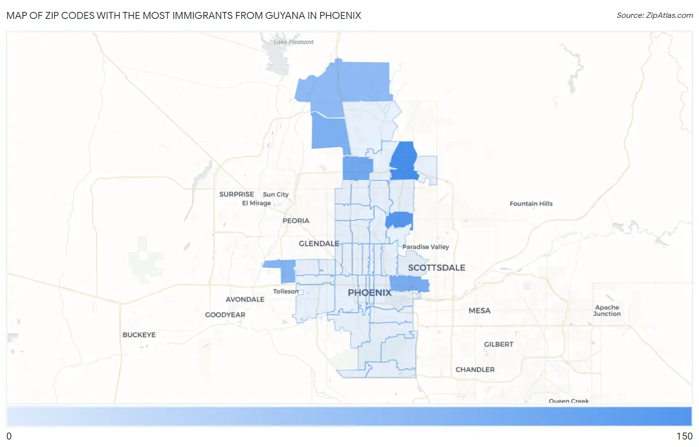 Zip Codes with the Most Immigrants from Guyana in Phoenix Map