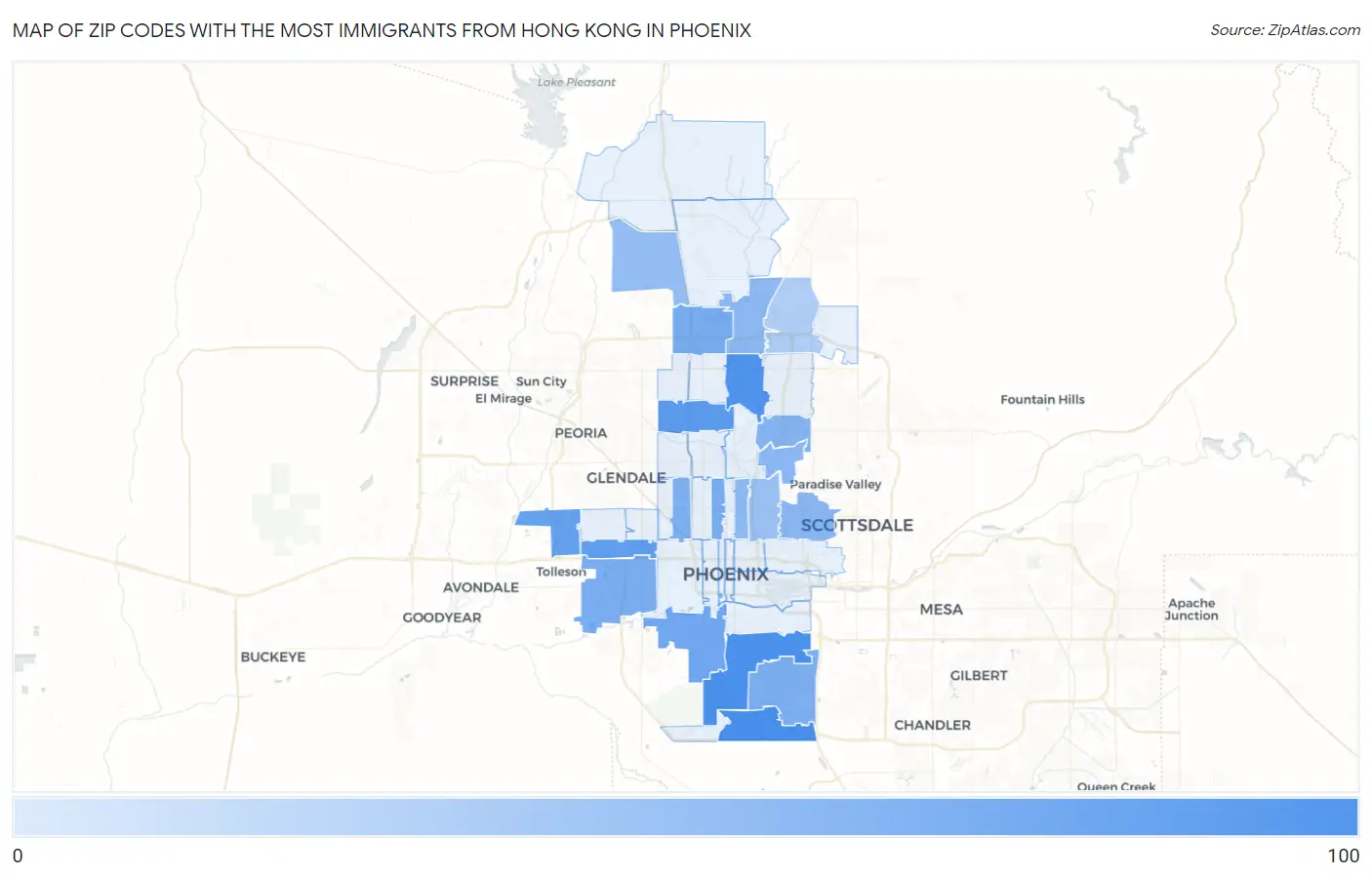Zip Codes with the Most Immigrants from Hong Kong in Phoenix Map