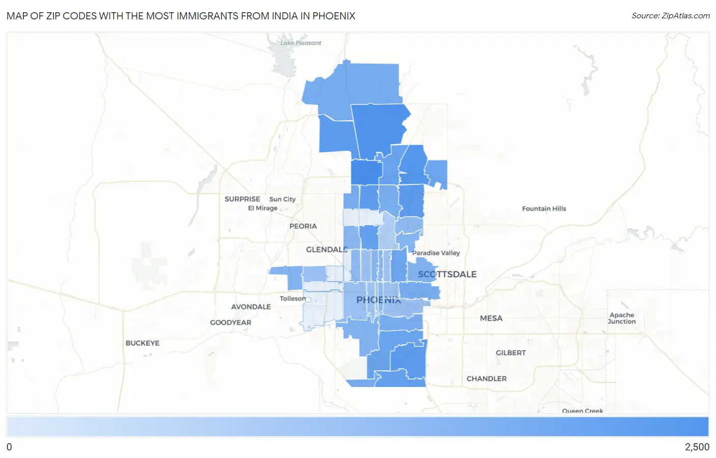 Zip Codes with the Most Immigrants from India in Phoenix Map