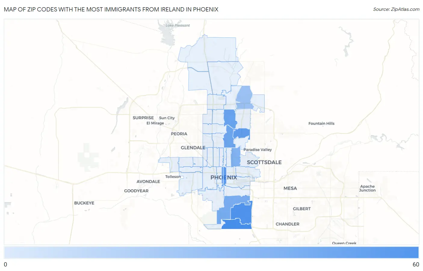 Zip Codes with the Most Immigrants from Ireland in Phoenix Map