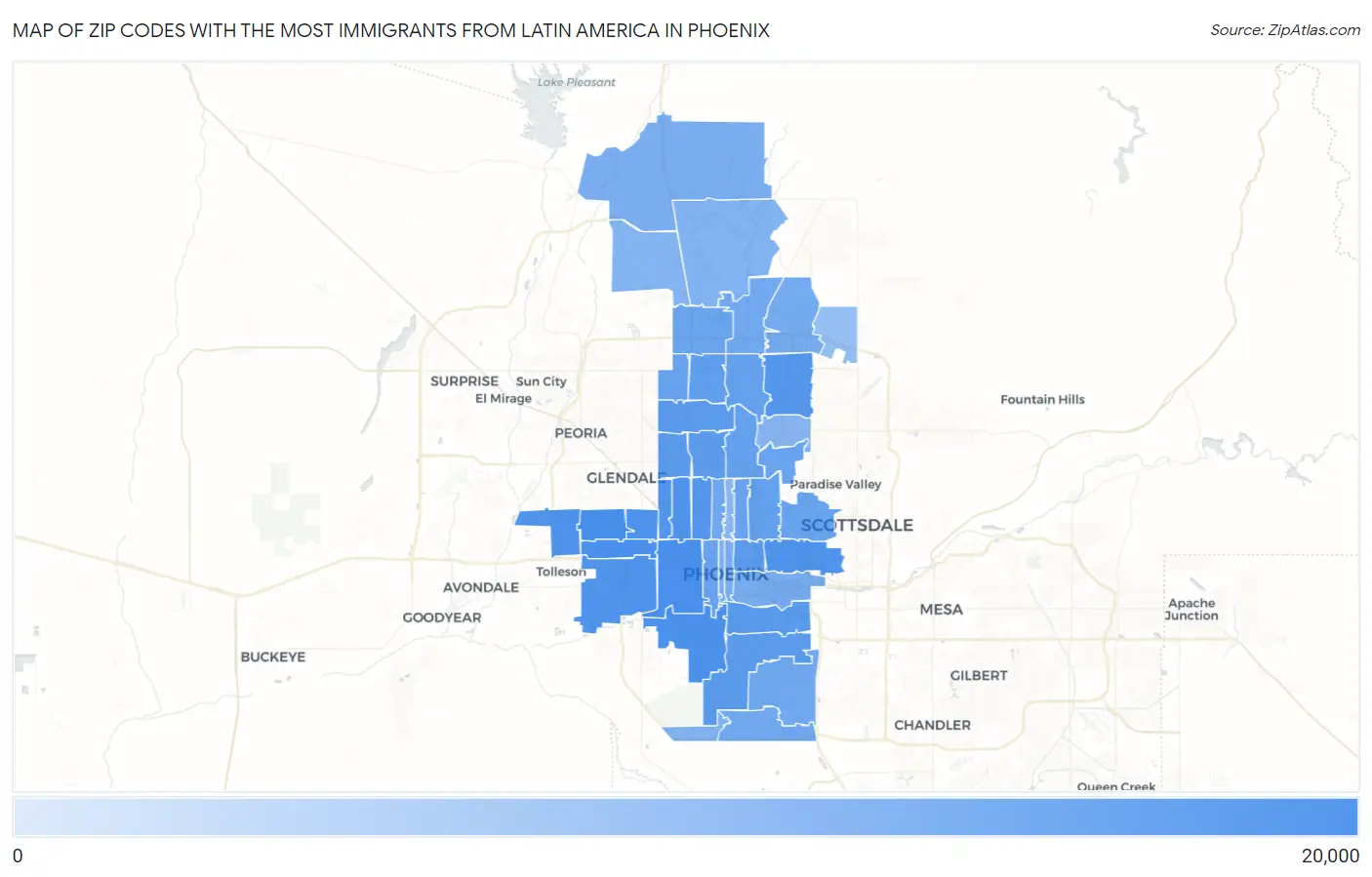 Zip Codes with the Most Immigrants from Latin America in Phoenix Map