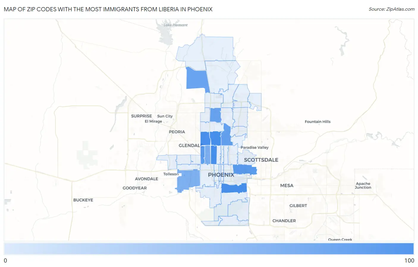 Zip Codes with the Most Immigrants from Liberia in Phoenix Map