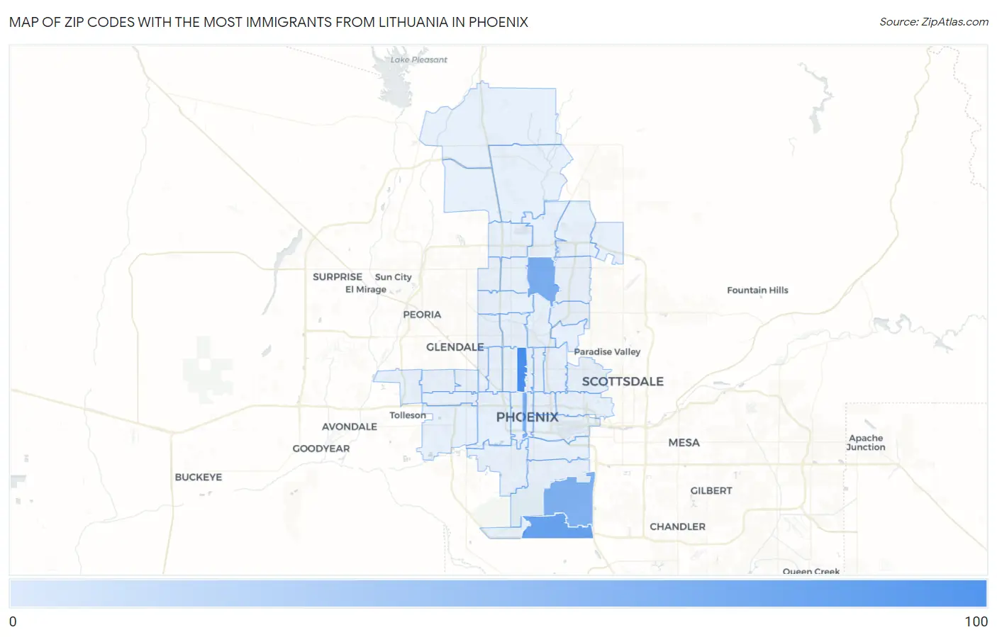 Zip Codes with the Most Immigrants from Lithuania in Phoenix Map
