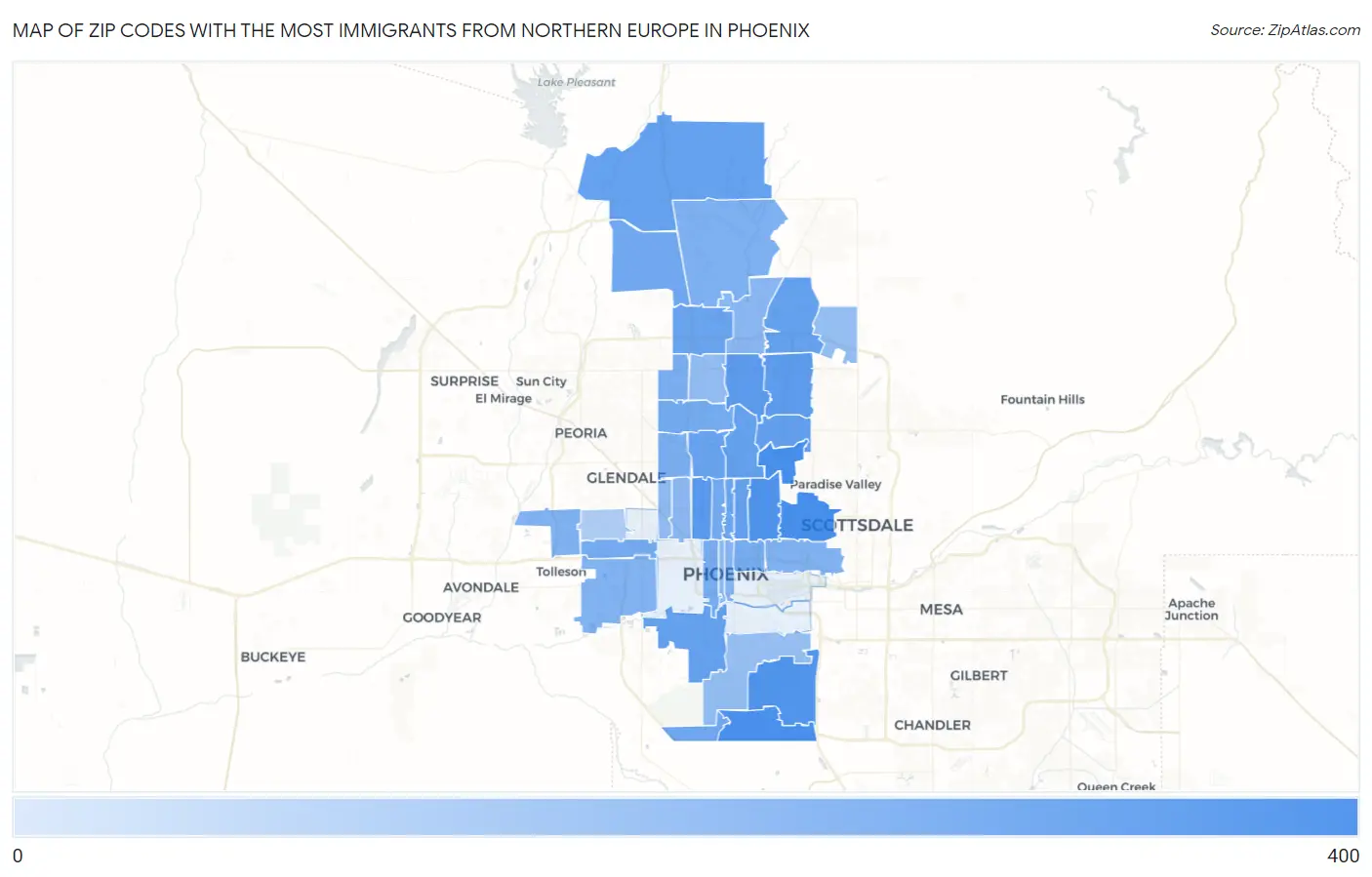 Zip Codes with the Most Immigrants from Northern Europe in Phoenix Map