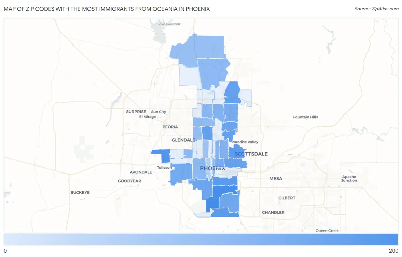 Zip Codes with the Most Immigrants from Oceania in Phoenix Map