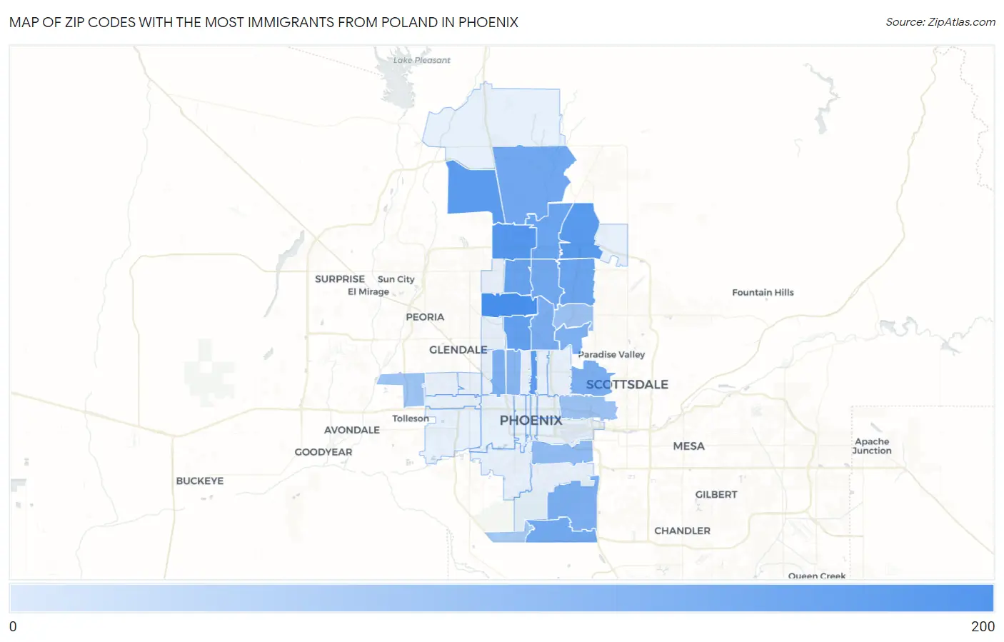 Zip Codes with the Most Immigrants from Poland in Phoenix Map