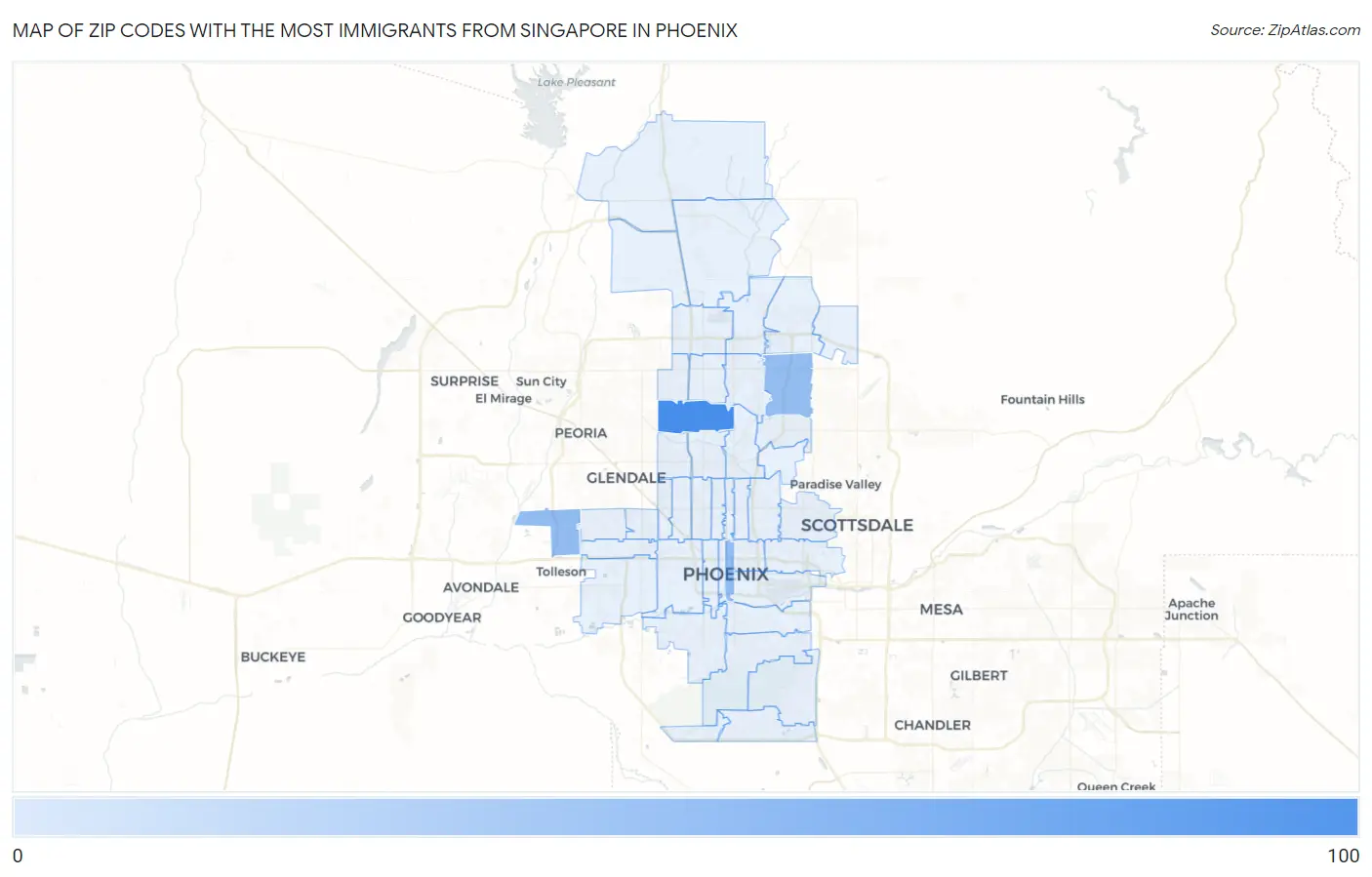 Zip Codes with the Most Immigrants from Singapore in Phoenix Map