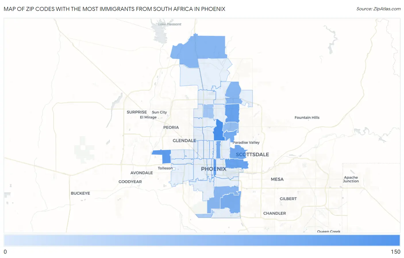 Zip Codes with the Most Immigrants from South Africa in Phoenix Map