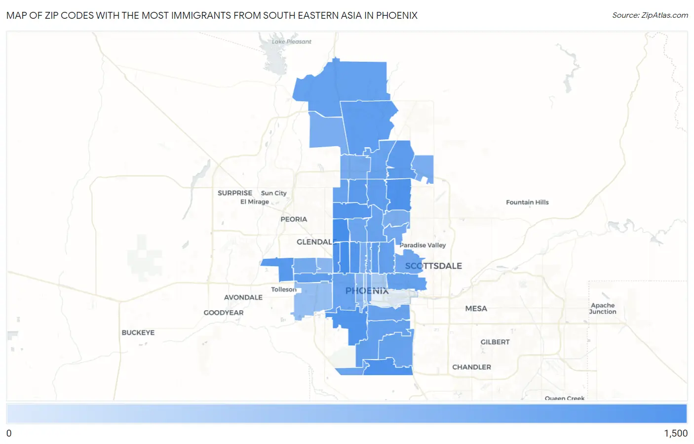 Zip Codes with the Most Immigrants from South Eastern Asia in Phoenix Map