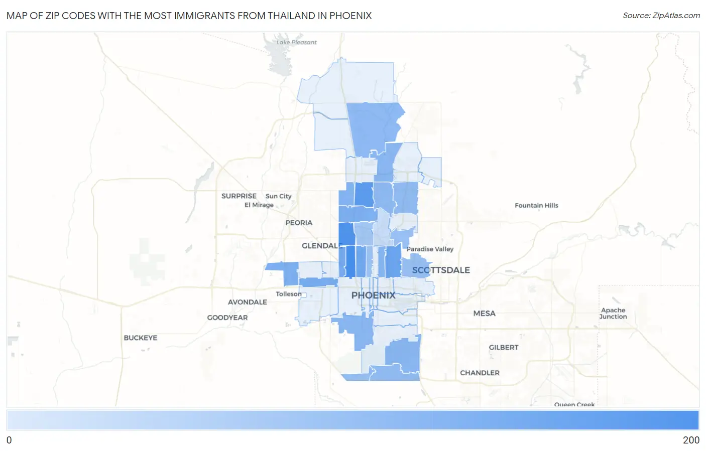 Zip Codes with the Most Immigrants from Thailand in Phoenix Map