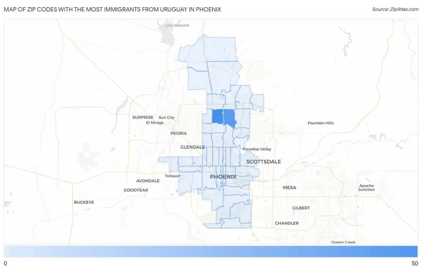 Zip Codes with the Most Immigrants from Uruguay in Phoenix Map